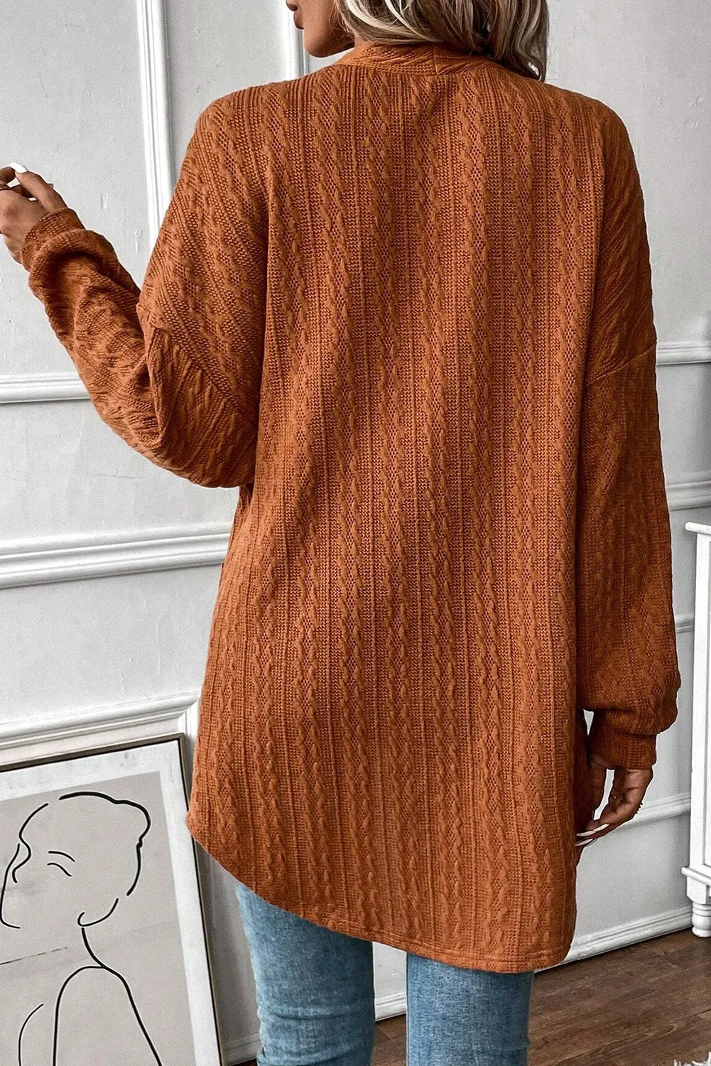 Textured Pocketed Open Front Long Sleeve Cover Up, image 2
