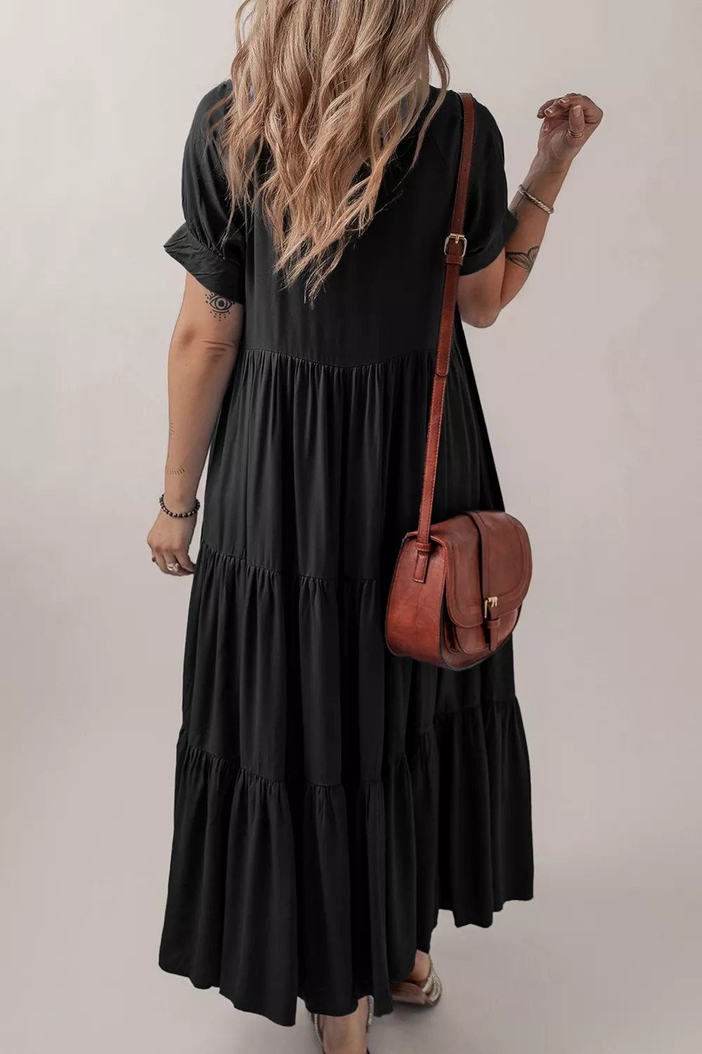 Hidden Buttons Short Sleeve Ruffle Tiered Long Flared Dress, image 2