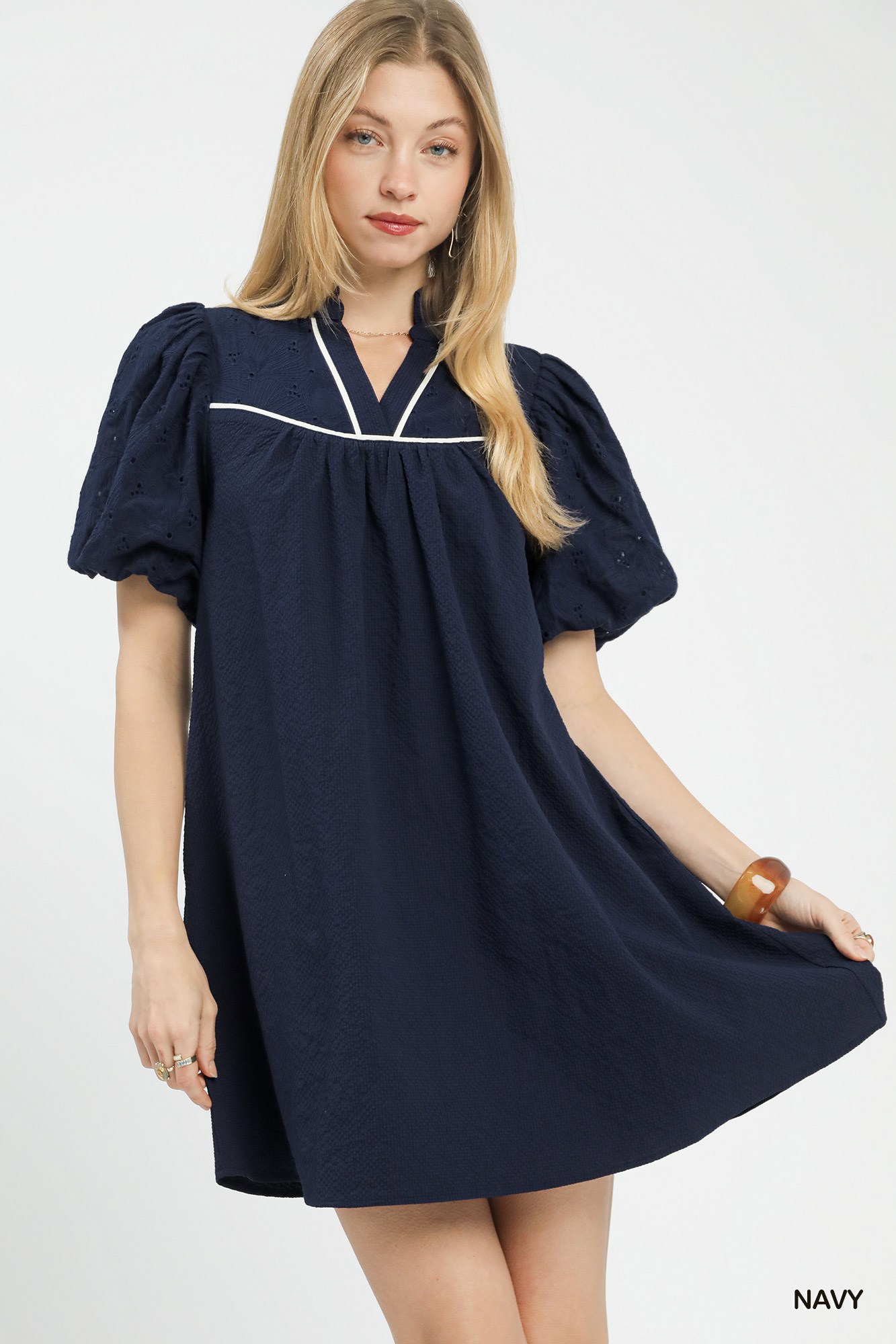 Puff Sleeve Textured Babydoll Dress