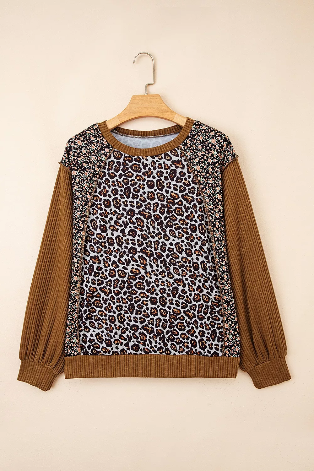 Leopard Floral Print Ribbed Puff Sleeve Patchwork Loose Sweatshirt, image 5