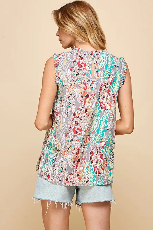 Full Size Graphic Print Ruffle Trim Mock Neck Sleeveless Top Plus Size, image 4