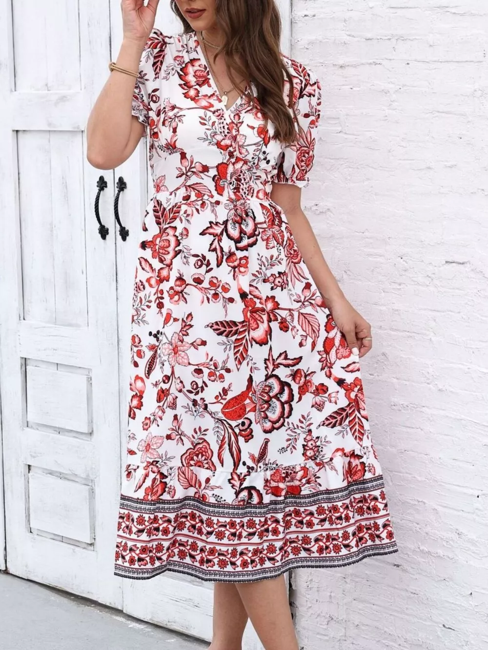 Floral Print Puff Sleeve Wrap Midi Dress, image 20