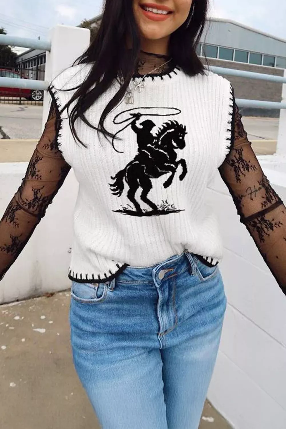 Contrast Trim Round Neck Rodeo Cowboy Sweater Vest, image 3