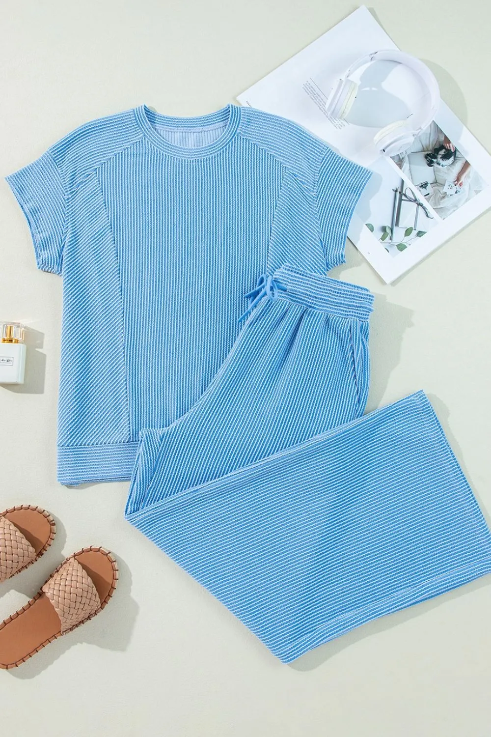 Ribbed Knit Round Neck Top and Pants Casual Set, image 6