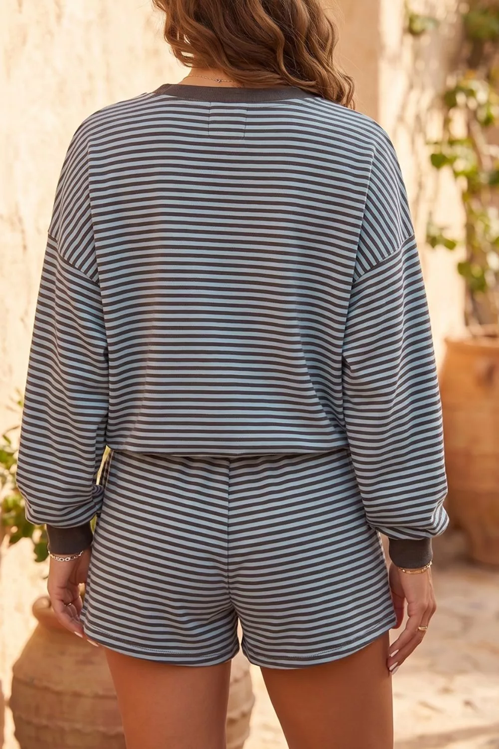 Stripe Oversized Long Sleeve Top Drawstring Loose Shorts 2pcs Set, image 2