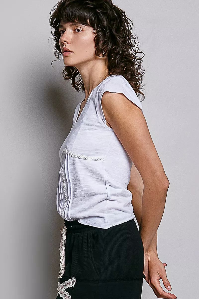 V-Neck Lightweight Textured Short Sleeve Knit Top with Lace Trim, image 5