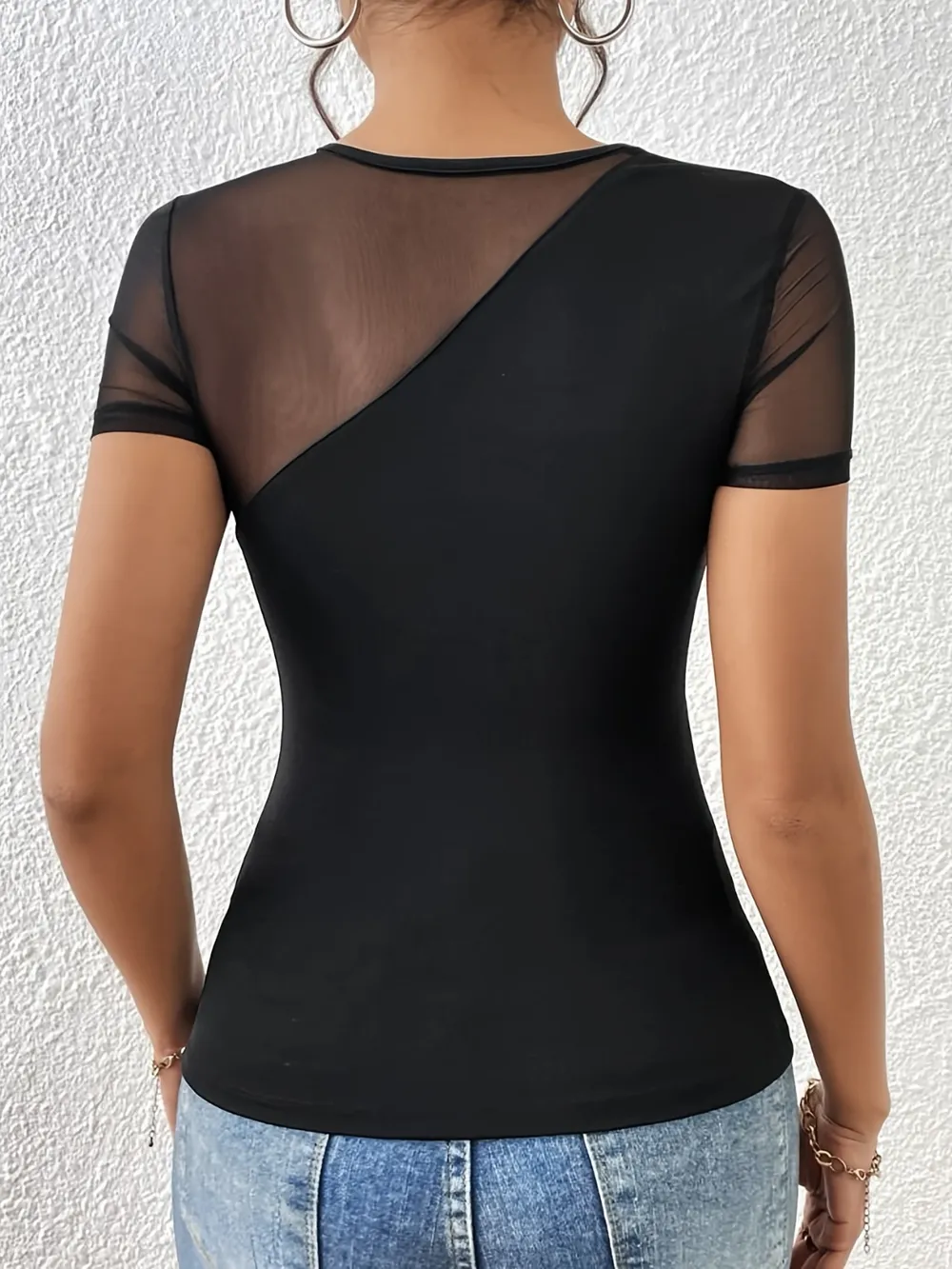 Mesh Patchwork Round Neck Short Sleeve Top, image 5