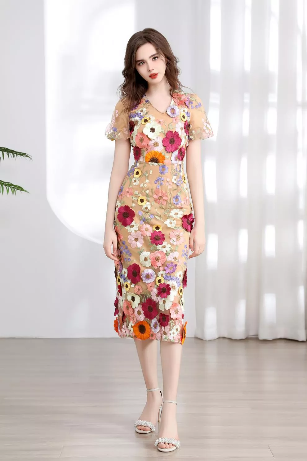 Floral Embroidered Puff Sleeve Midi Dress, image 32