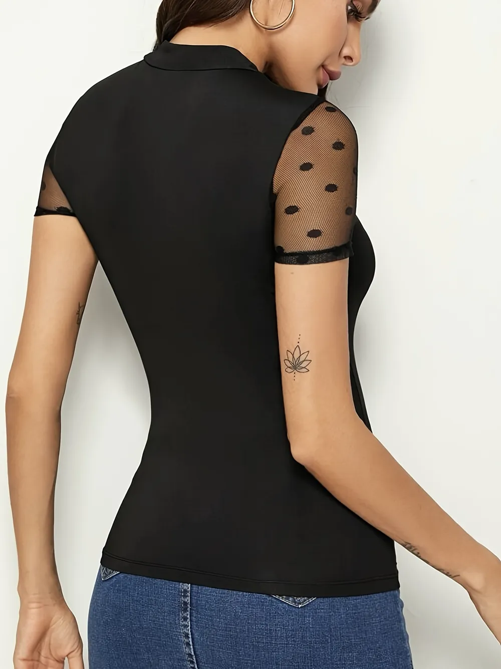 Mesh Polka Dot Mock Neck Top, image 4