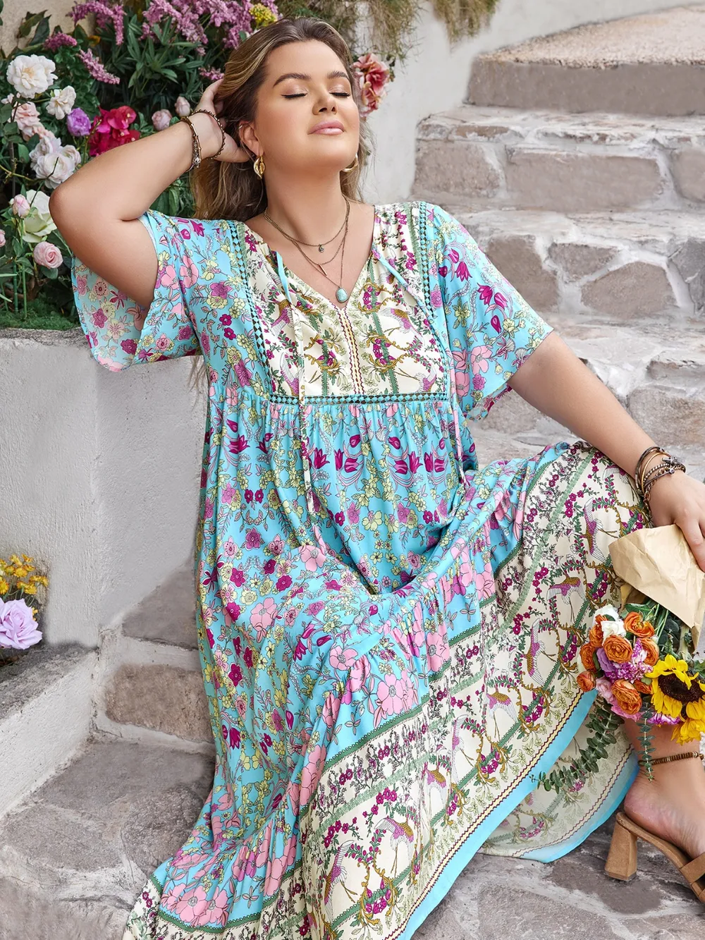 Plus Size Printed Tie Neck Flutter Sleeve Maxi Dress, image 4