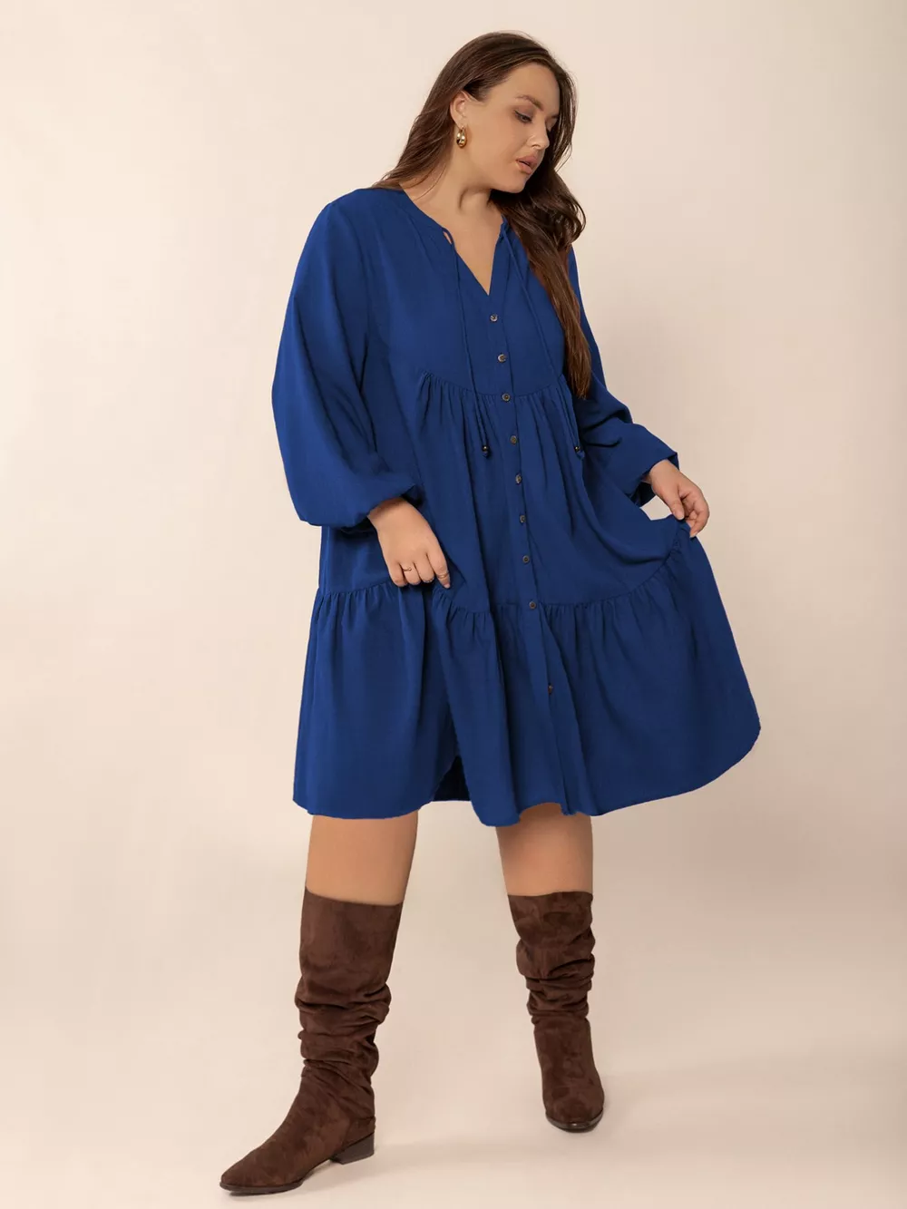 Plus Size Tie Neck Balloon Sleeve Dress, image 4