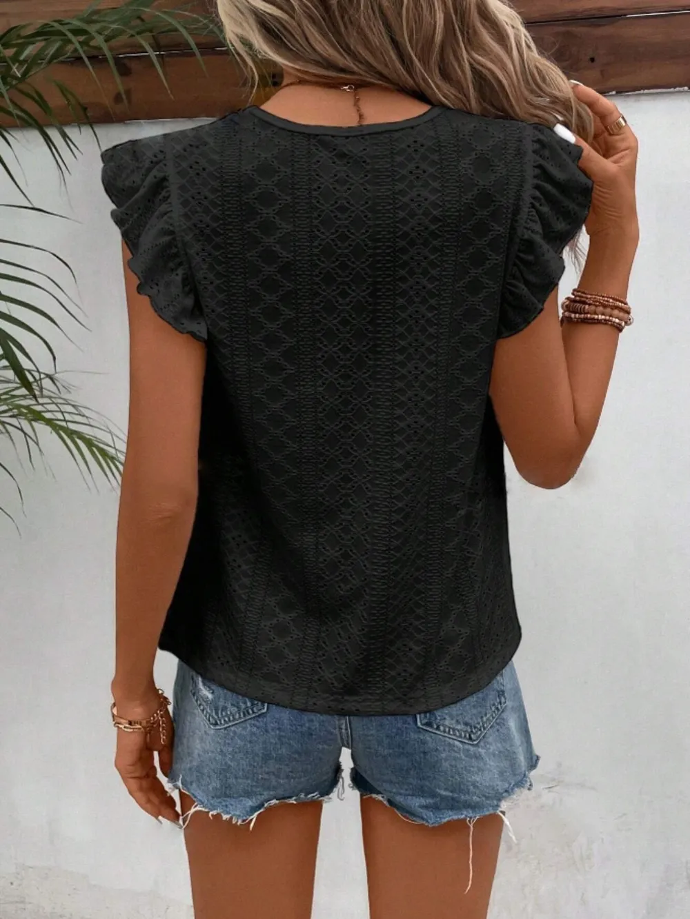 Eyelet Round Neck Cap Sleeve Top, image 14