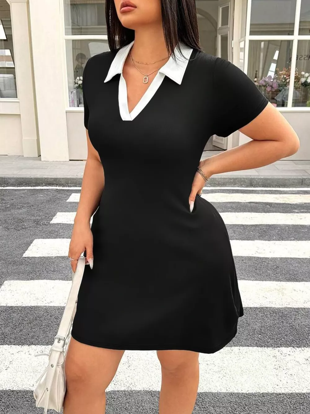 Plus Size Contrast Collar Bodycon Mini Dress, image 4