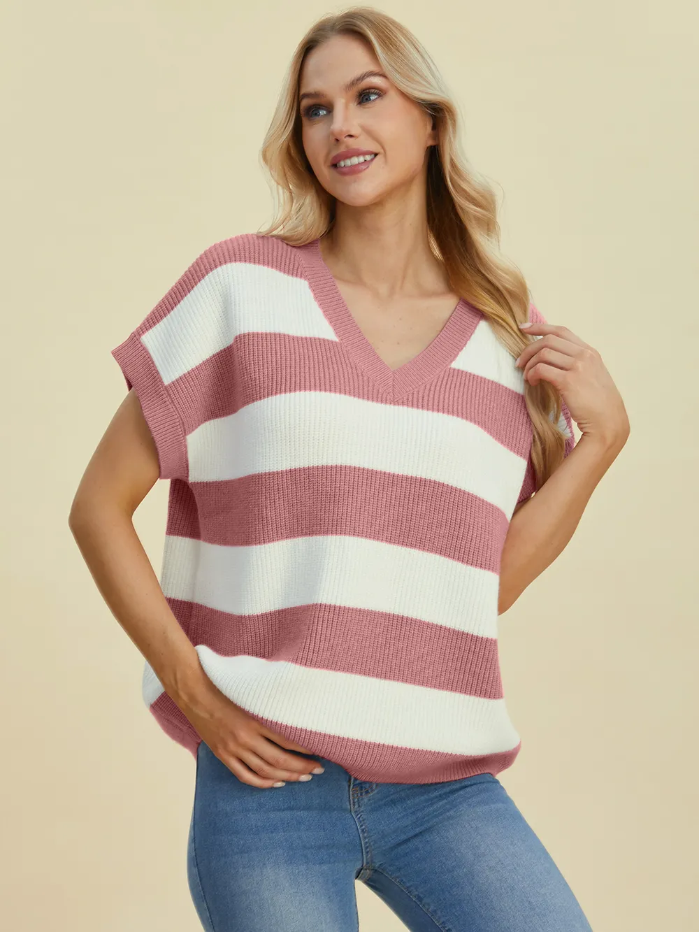 Full Size Striped V-Neck Short Sleeve Sweater, image 8