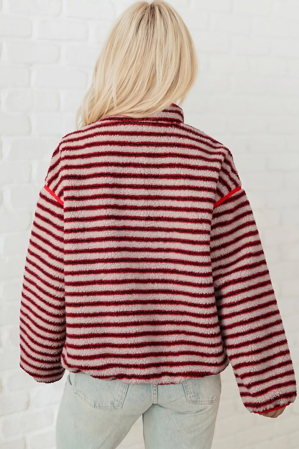 Striped Fuzzy Colorblock Button Placket Sweatshirt, image 3