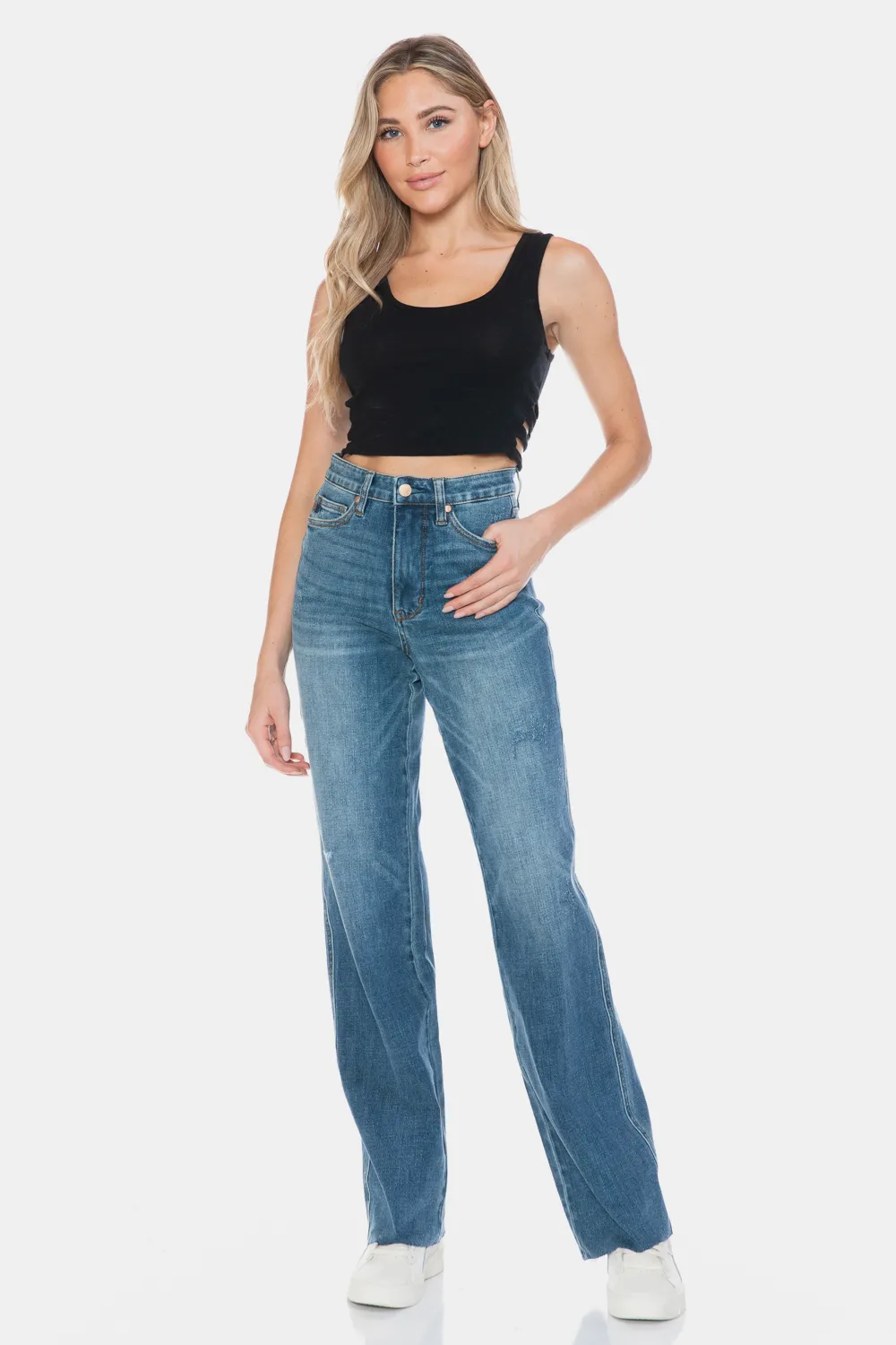 Full Size Tummy Control Cut Raw Hem Straight Jeans, image 2