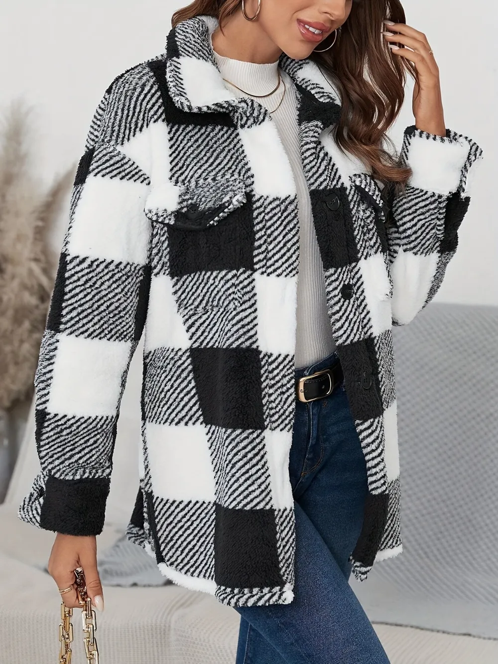 Plaid Button Up Long Sleeve Fuzzy Outerwear, image 4