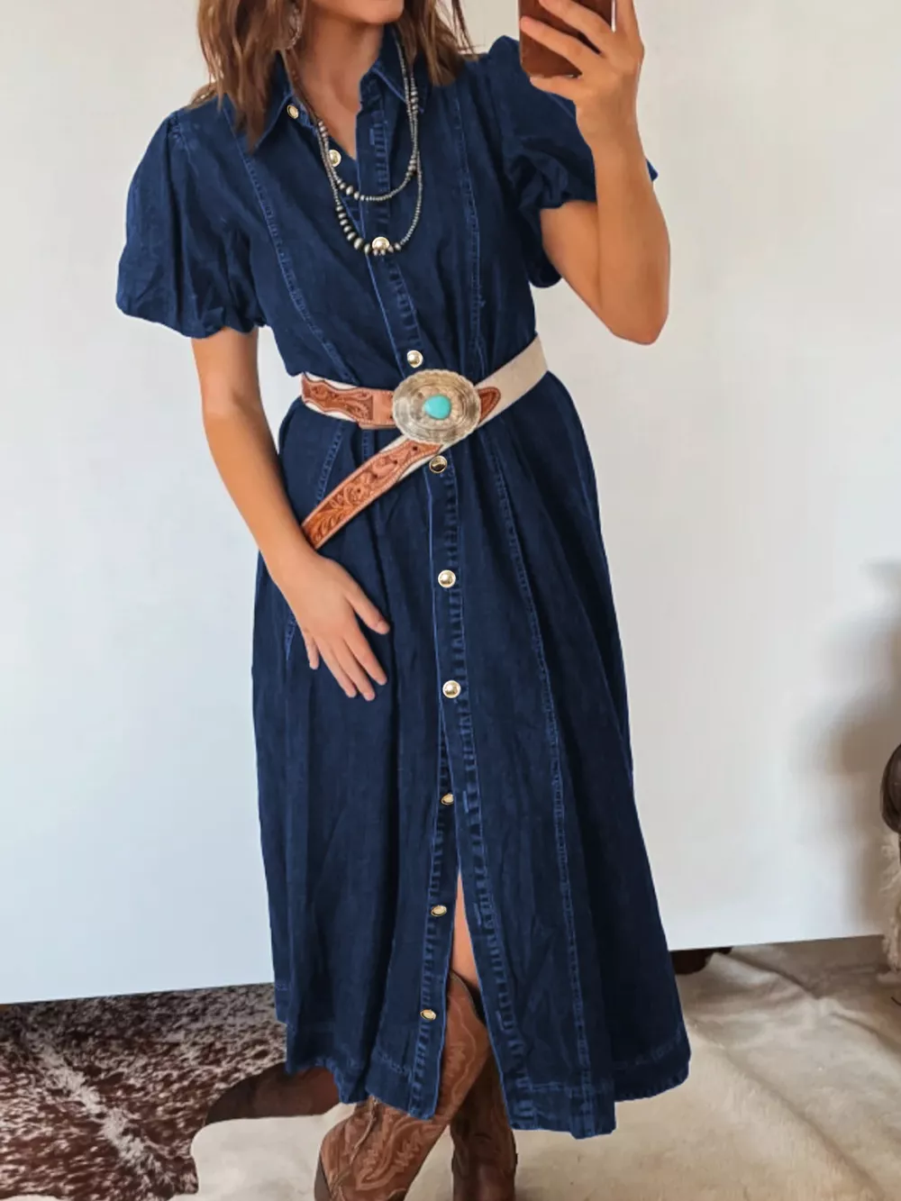 Belted Button-Down Midi Denim Dress, image 3