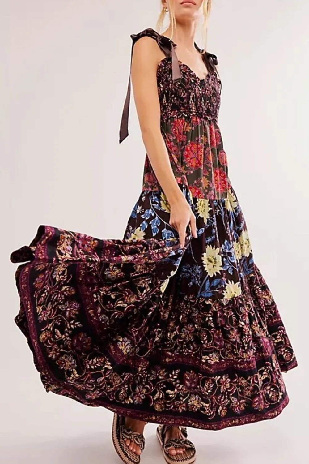 Floral Tiered Maxi Dress with Mixed Print Design