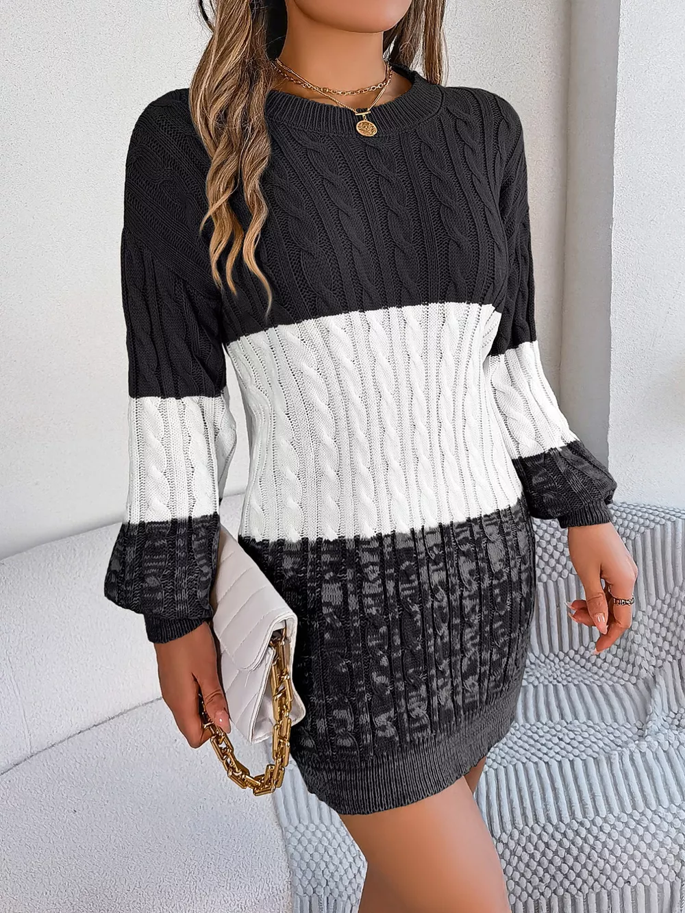 Color Block Cable Knit Sweater Dress with Textured Pattern