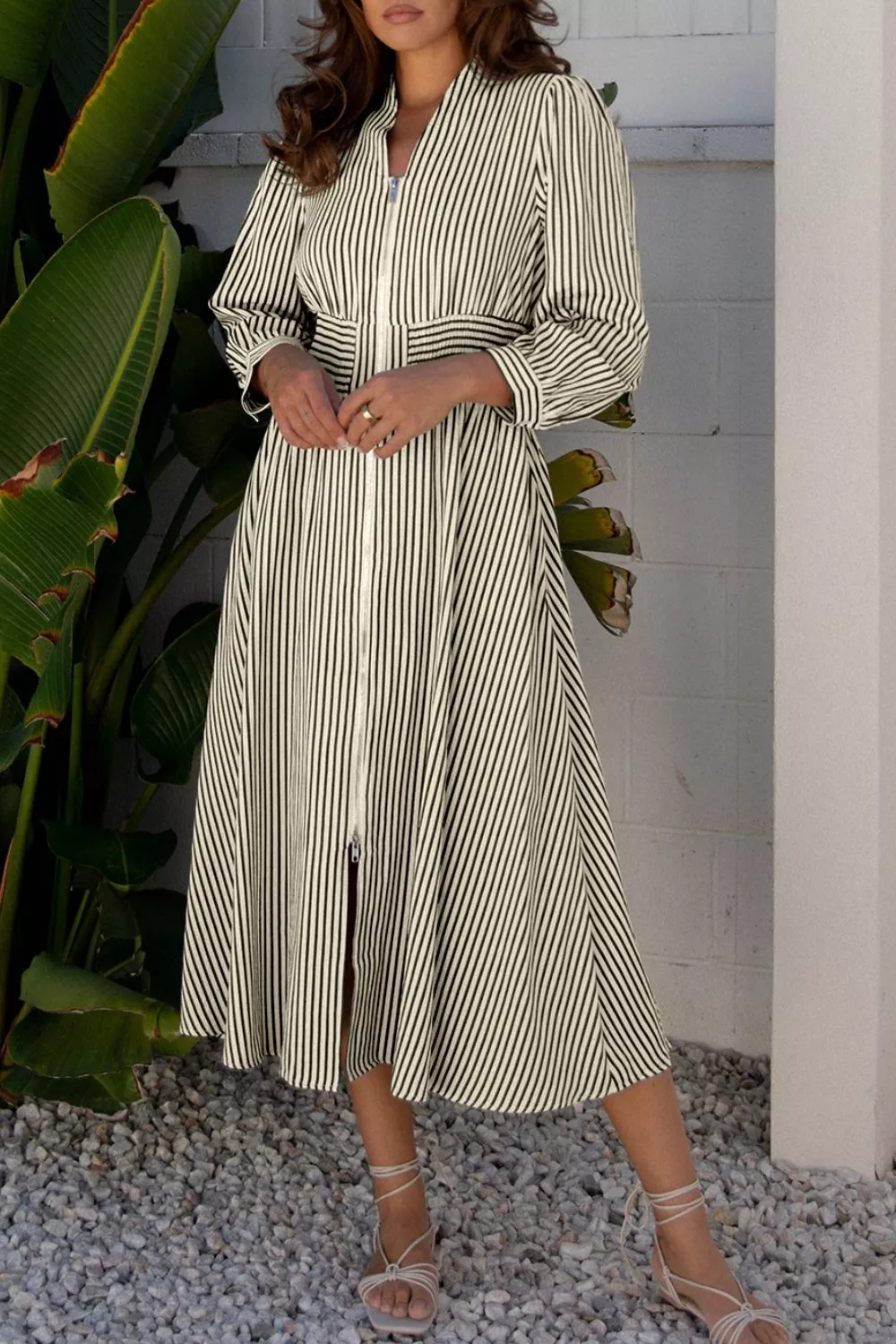 Stripe V Neck Zip Front Cinched High Waist Midi Dress