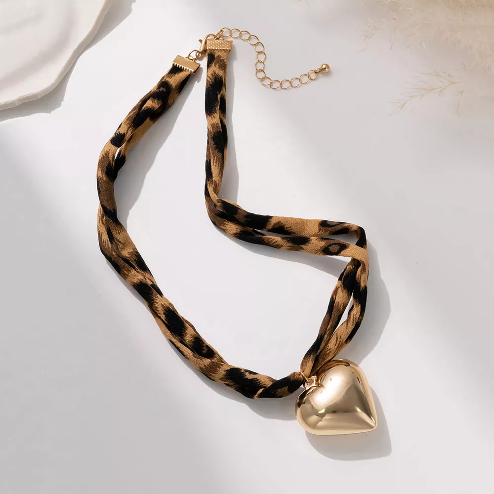 Leopard Print Choker with Golden Heart Pendant Necklace, image 4