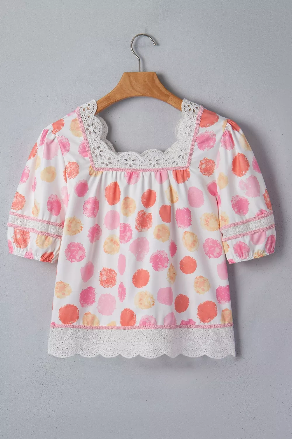 Polka Dot Lace Trim Square Neck Puff Sleeve Blouse, image 7