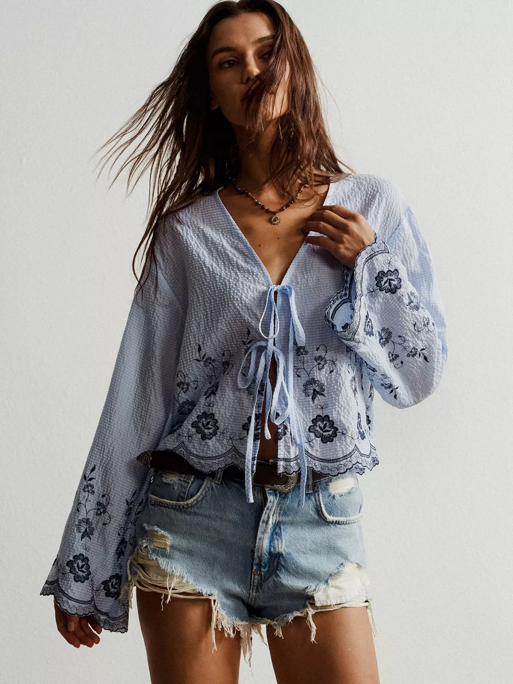 Floral Embroidered Tie-Front Blouse, image 4