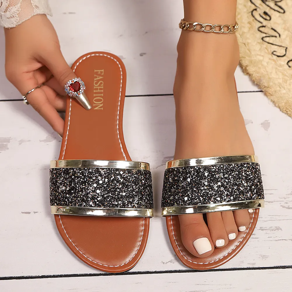 Glitter Open Toe Flat Sandals, image 3