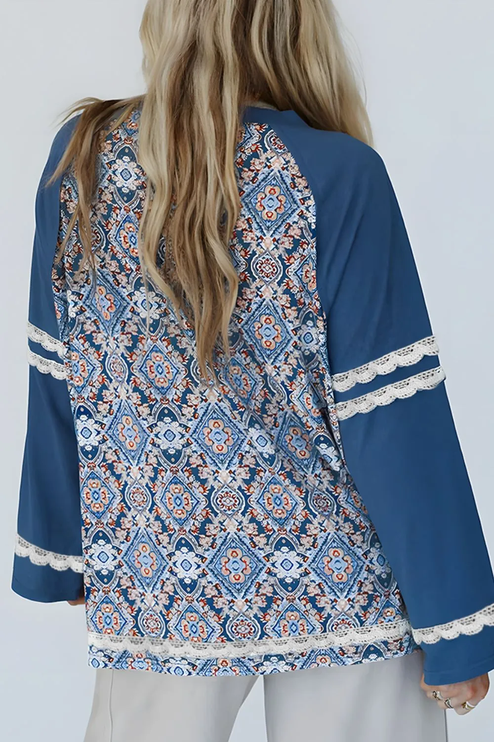 Lace Detail Geometric Round Neck Long Sleeve Top, image 3