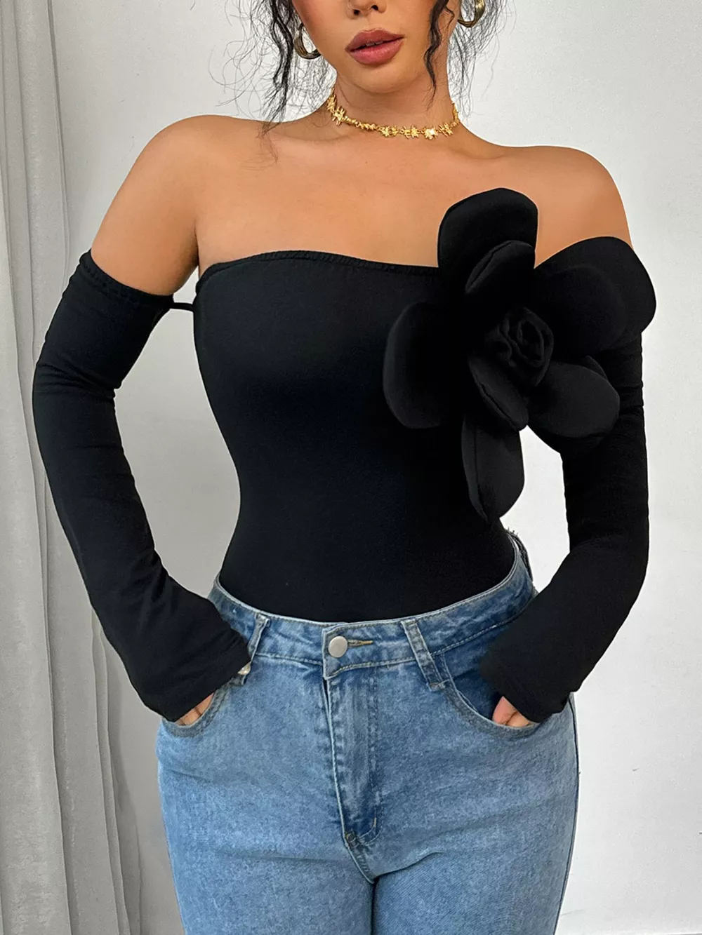 Flower Off-Shoulder Long Sleeve Bodysuit, image 3
