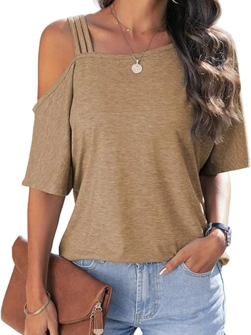 Asymmetrical Neck Half Sleeve T-Shirt, image 7