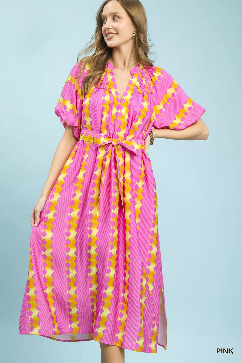 Geo Stripe Smocked Waist Tie Dress