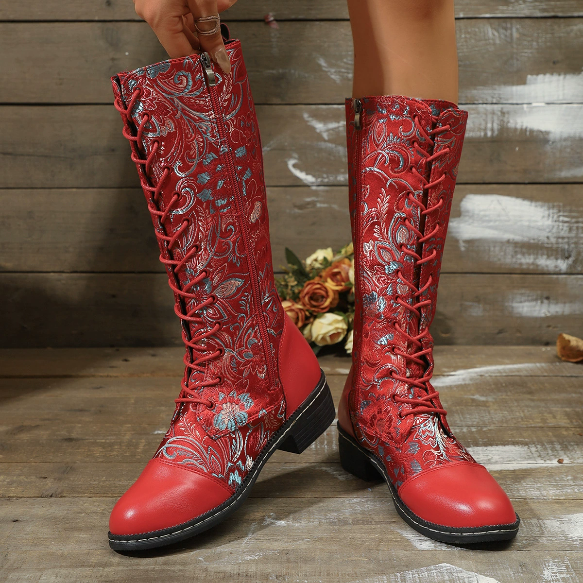 Embroidered Lace-Up Block Heel Boots, image 4