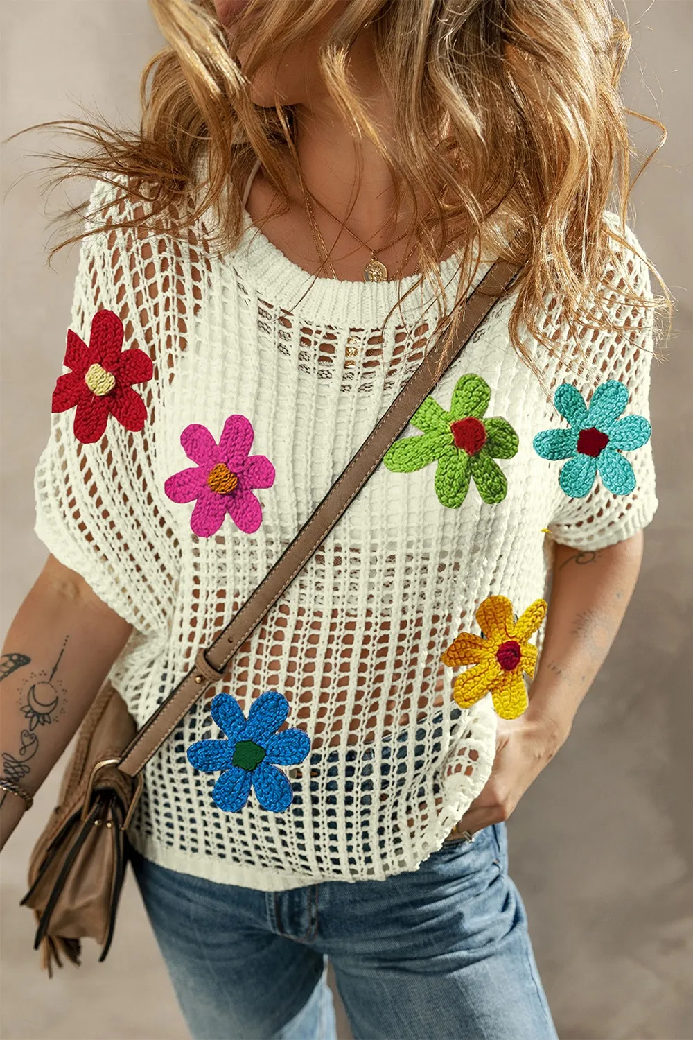 Flower Round Neck Half Sleeve Knit Cover Up, image 3