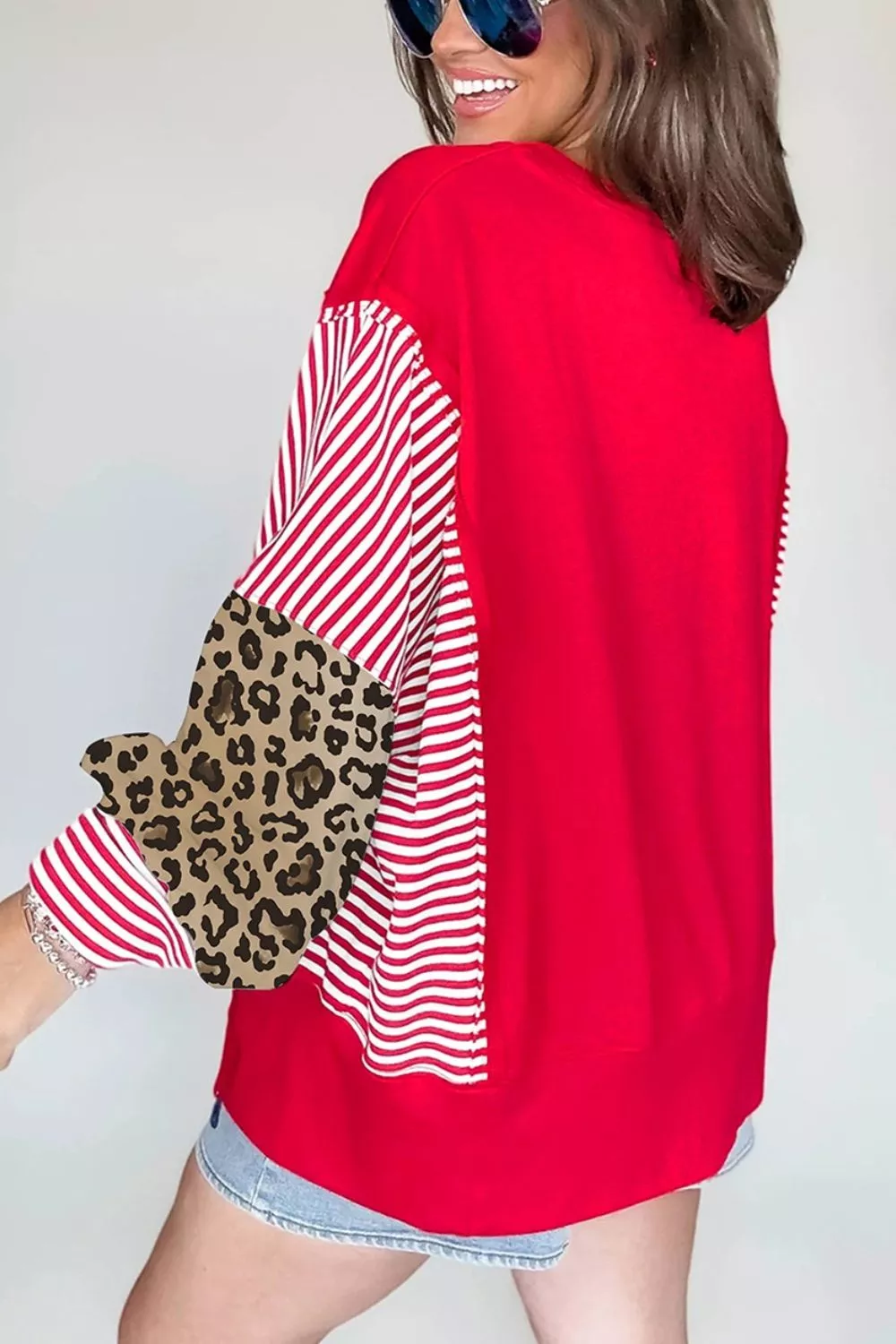 Leopard and Striped Patchwork Sleeves Sweatshirt, image 4