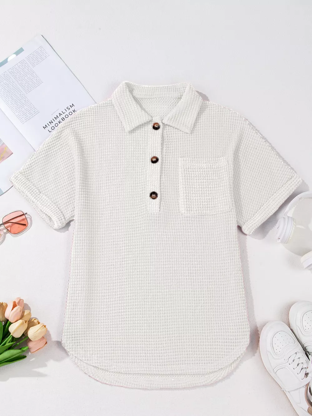 Waffle Knit Button Detail Top, image 6