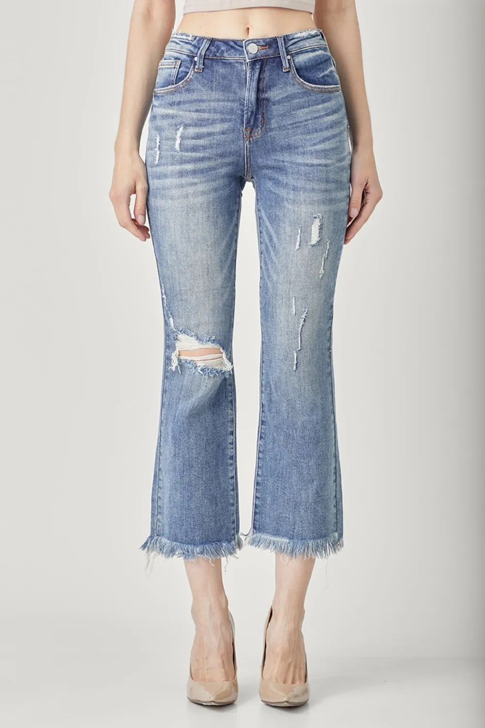 High Waist Distressed Cropped Bootcut Jeans, image 4