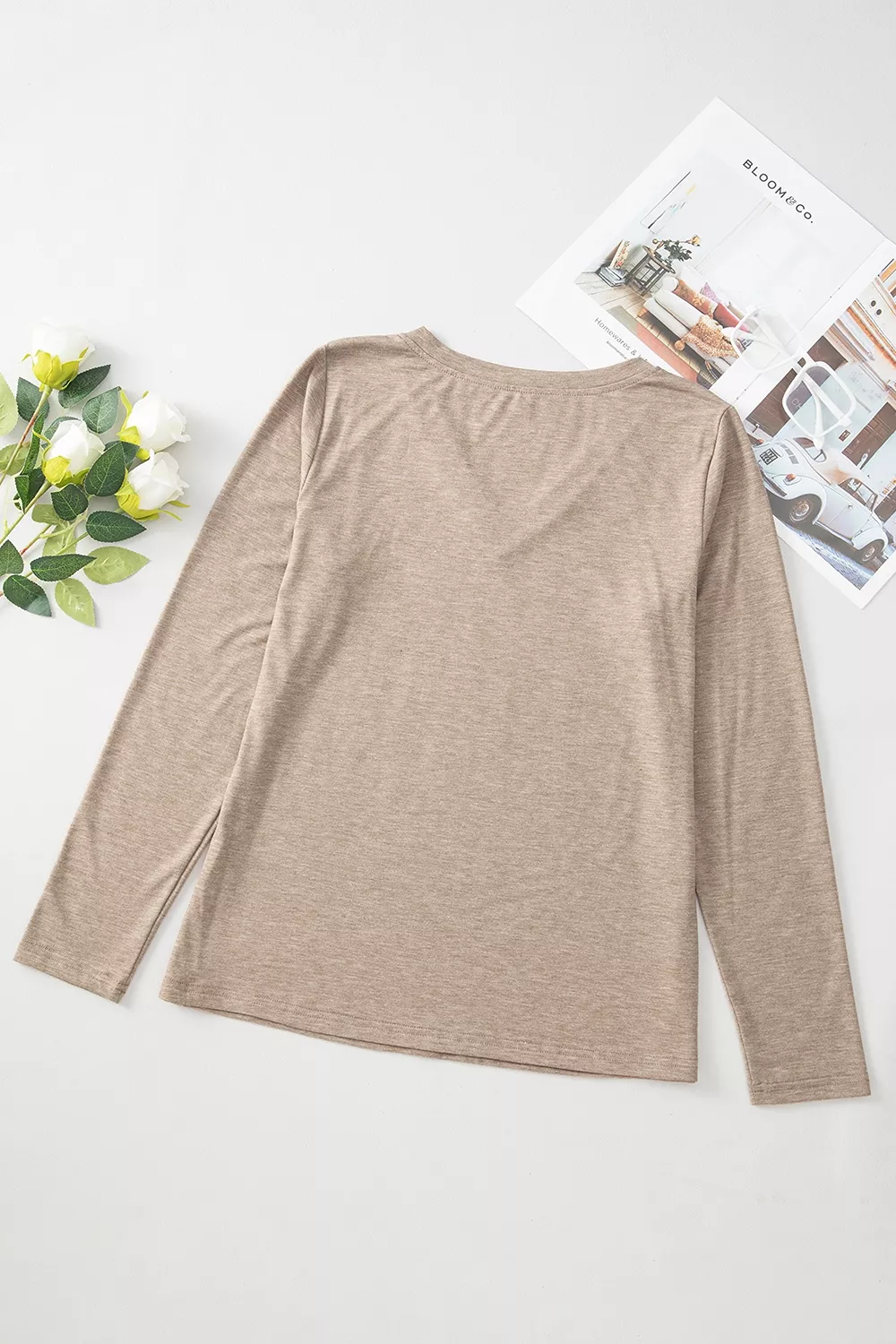 Solid Color V Neck Long Sleeve Stretchy Top, image 8