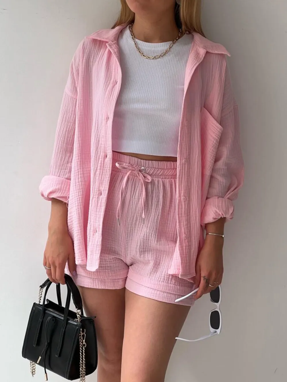 Texture Button Up Shirt and Drawstring Shorts Set, image 10