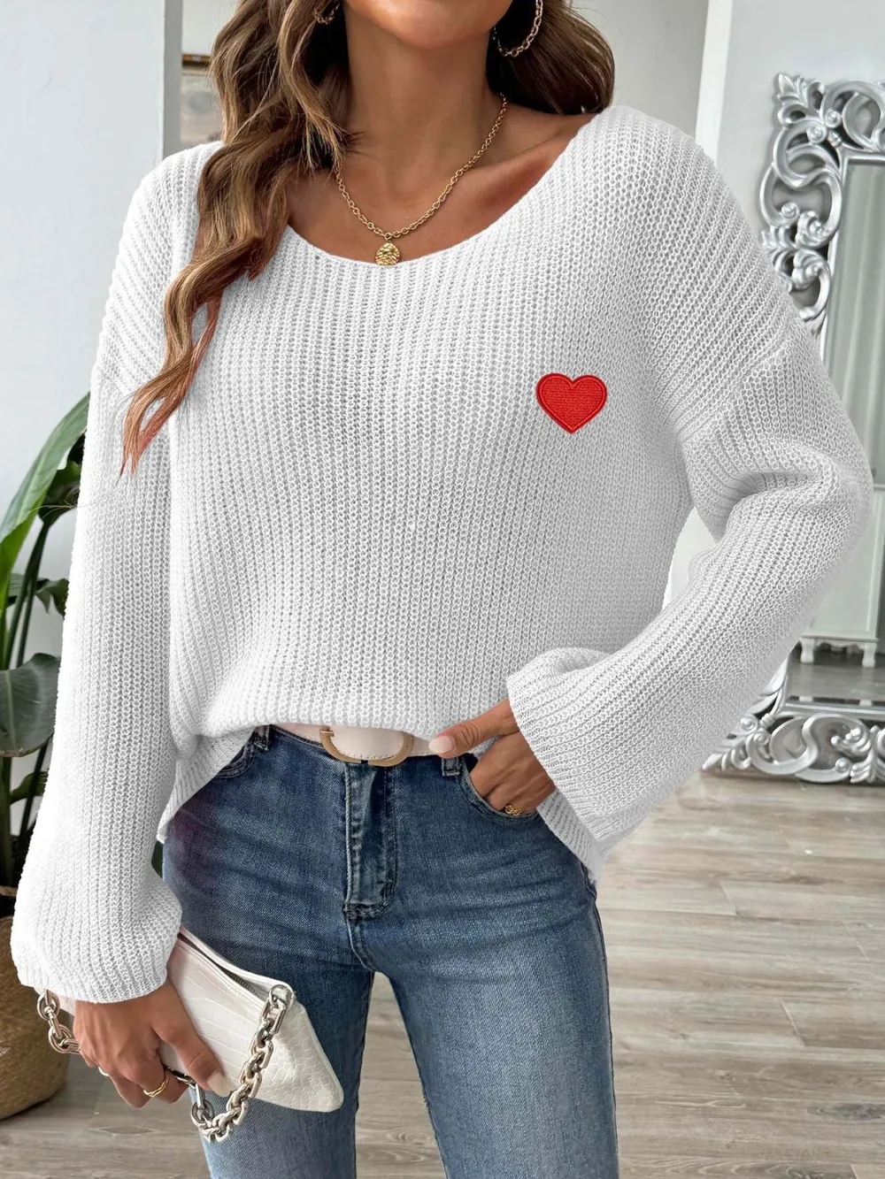 Heart Boat Neck Dropped Shoulder Sweater, image 4