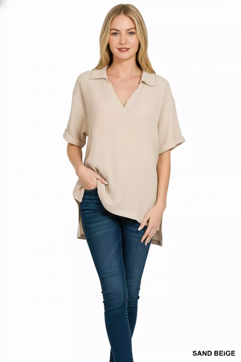 Double Gauze Short Sleeve High-Low Top, image 3