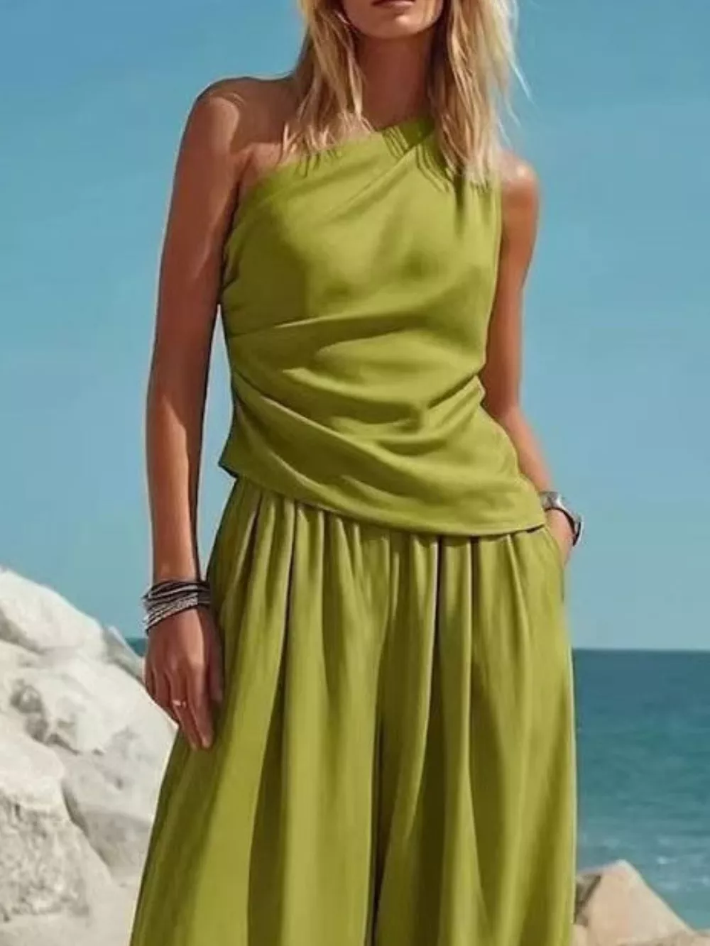 Full Size One-Shoulder Sleeveless Top and Harem Pants Set Plus Size, image 3