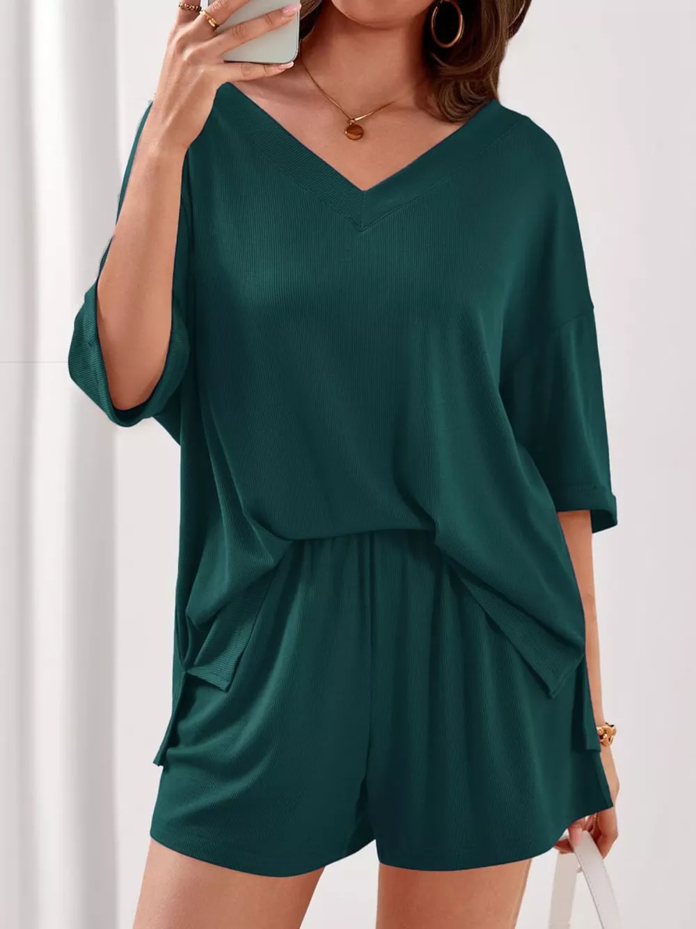 Casual Solid Color V-Neck Top & Shorts Set, image 33