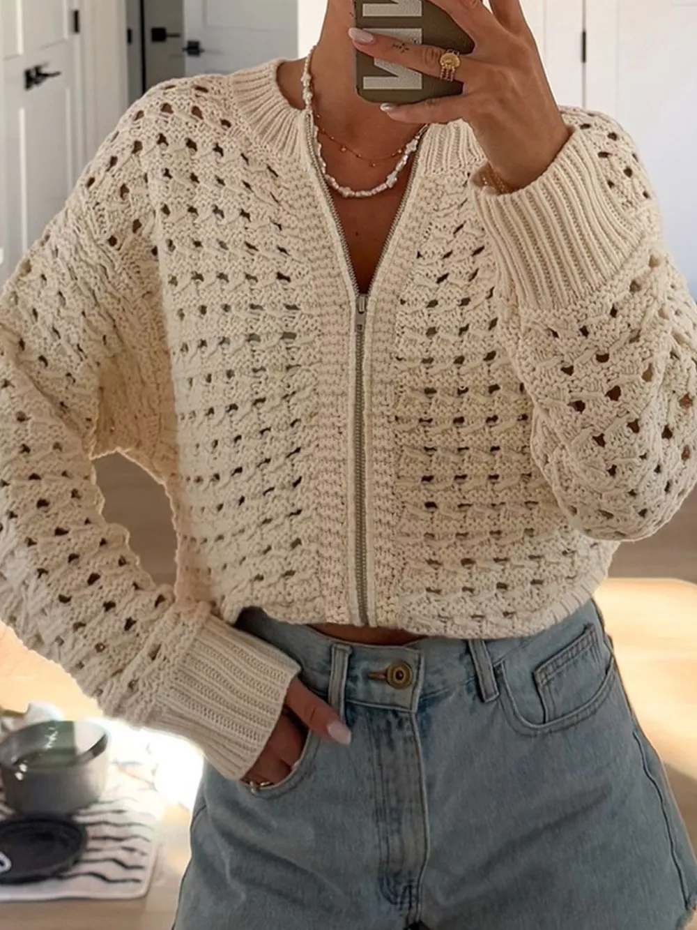 Openwork Zip-Up Cardigan, image 2
