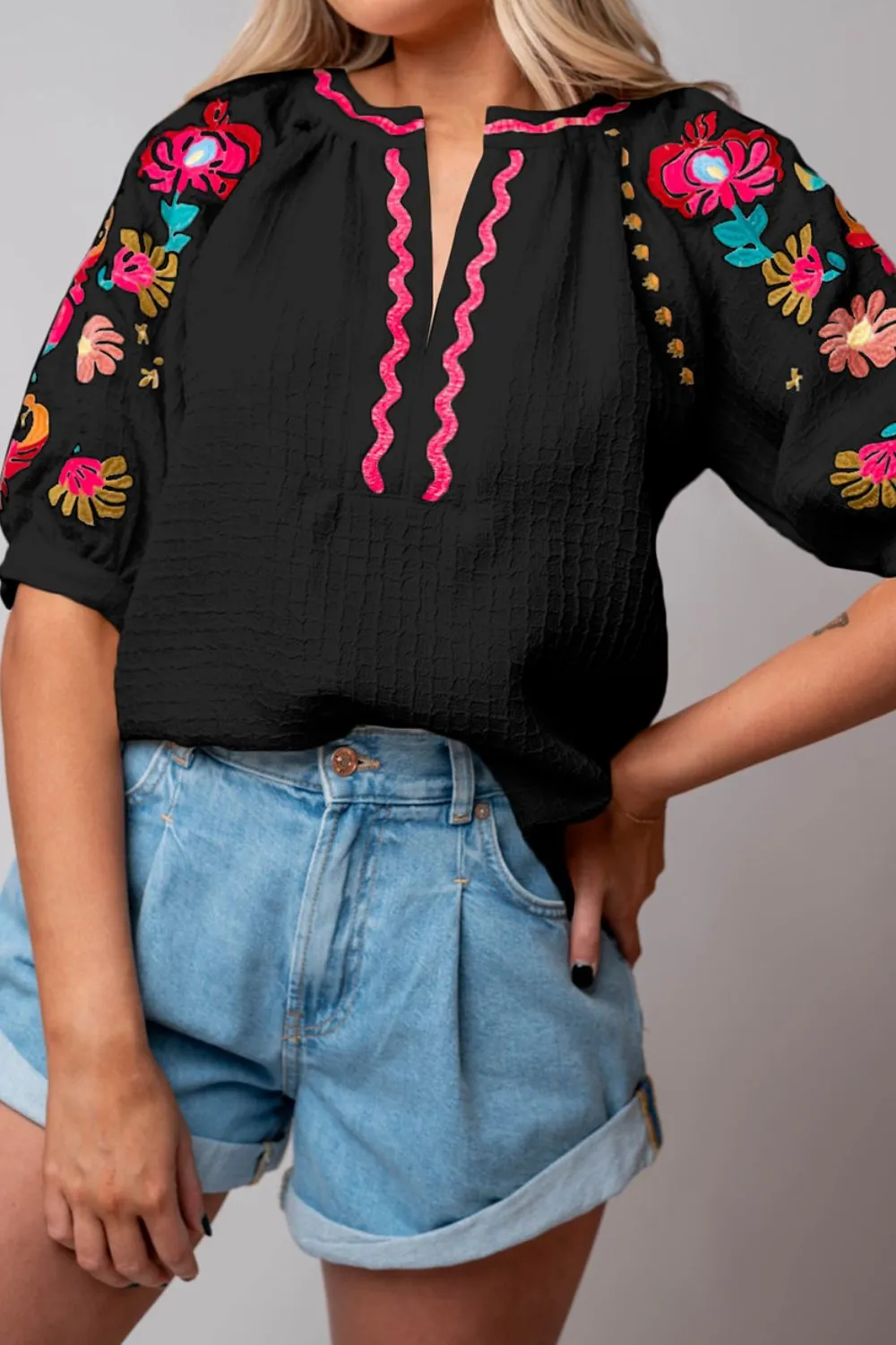 Floral Embroidered Notched Puff Sleeve Blouse, image 6