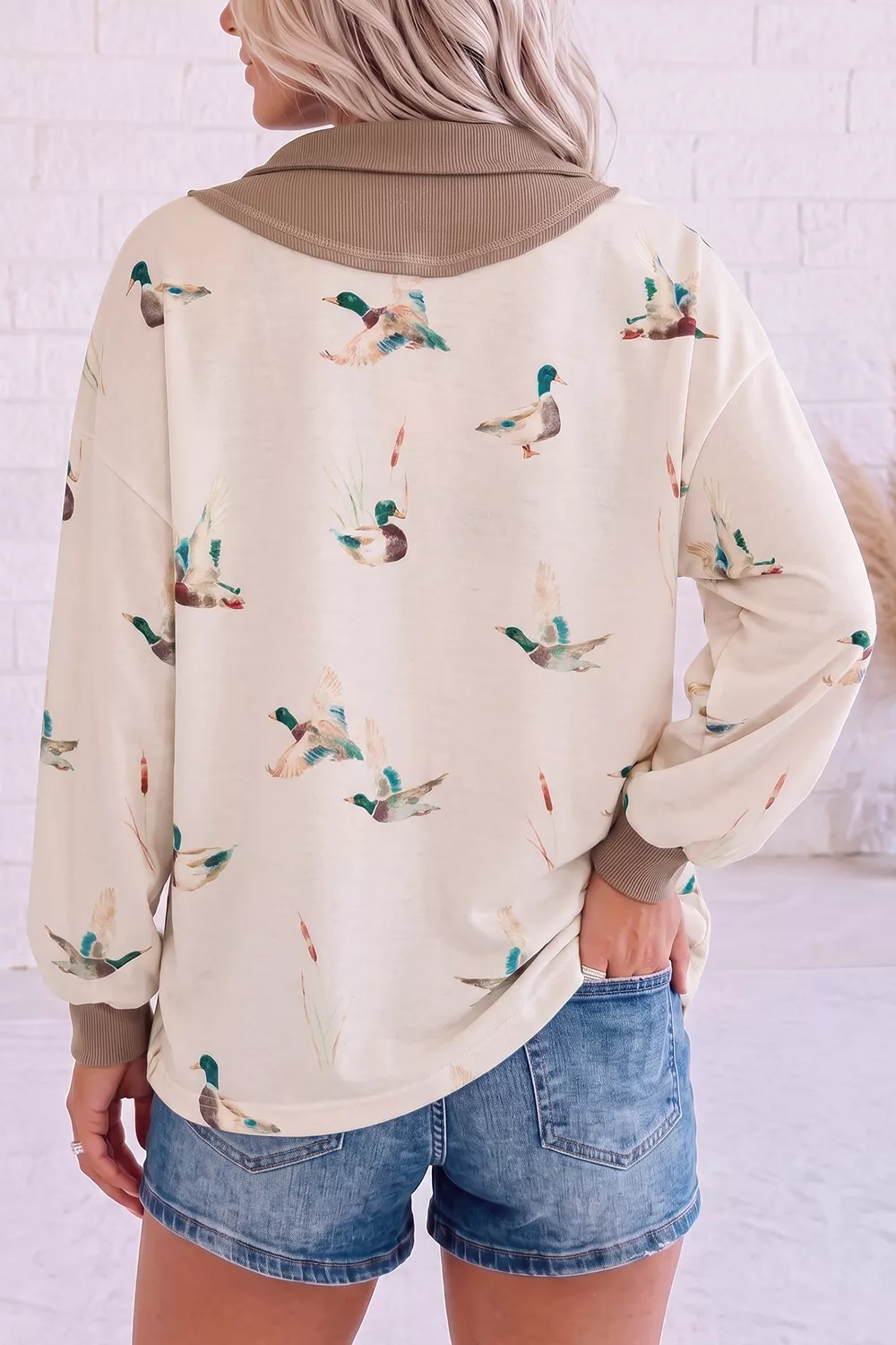 Quarter-Zip Duck Print Casual Sweatshirt, image 2