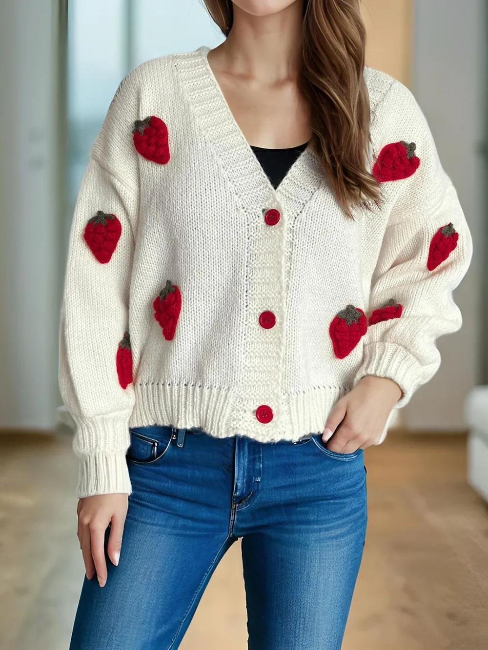 Crochet Strawberry V-Neck Long Sleeve Cardigan, image 5