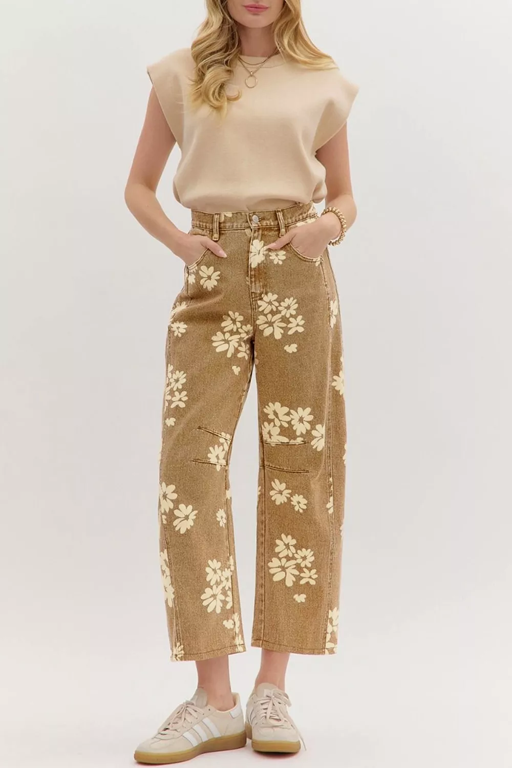 Floral Print Metal Button Pleated Straight Leg Jeans