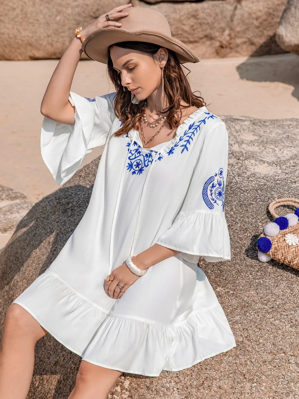 Printed Tie Neck Flounce Sleeve Mini Dress, image 7